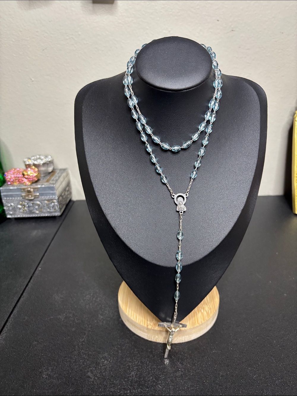 Women’s Italy Rosary Cross Necklace in Light Blue Acrylic Beads Silver Tone